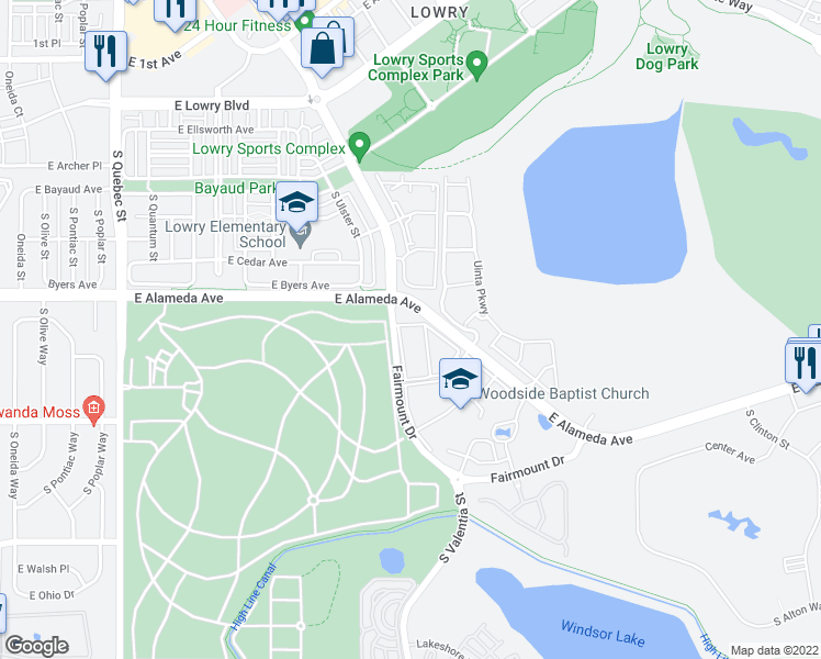 map of restaurants, bars, coffee shops, grocery stores, and more near 8225 Fairmount Drive in Denver
