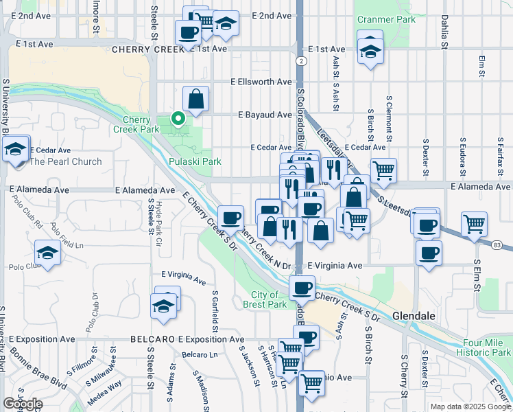 map of restaurants, bars, coffee shops, grocery stores, and more near 335 South Jackson Street in Denver
