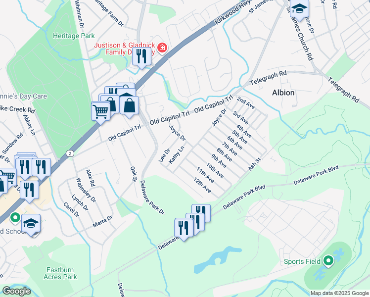 map of restaurants, bars, coffee shops, grocery stores, and more near 54 Kathy Lane in Wilmington