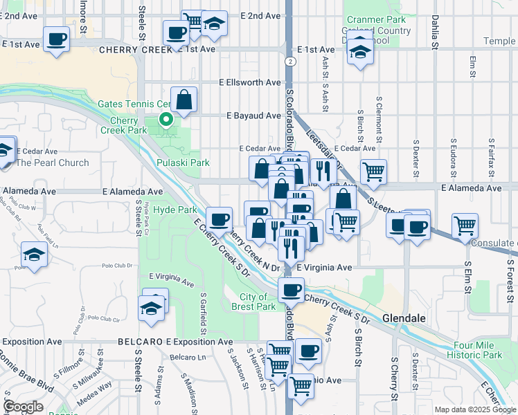 map of restaurants, bars, coffee shops, grocery stores, and more near 347 South Jackson Street in Denver