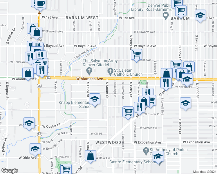 map of restaurants, bars, coffee shops, grocery stores, and more near 354 South Stuart Street in Denver