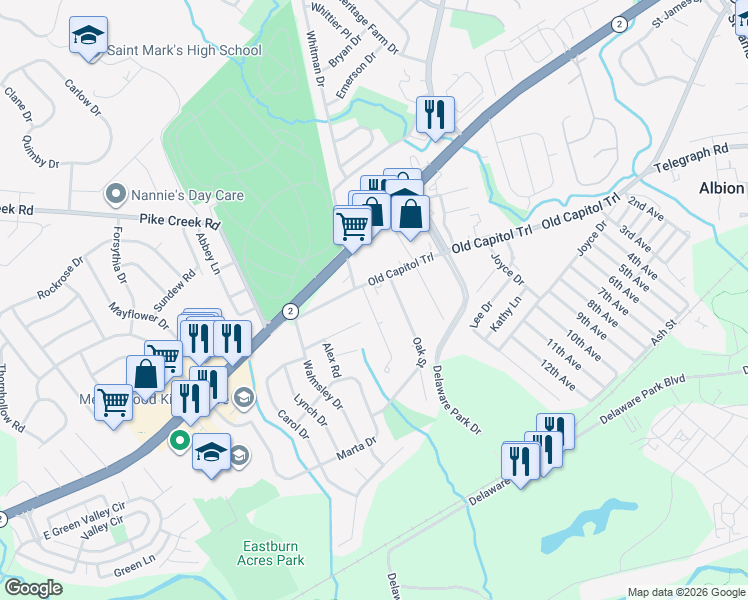 map of restaurants, bars, coffee shops, grocery stores, and more near 5819 Old Capitol Trail in Wilmington