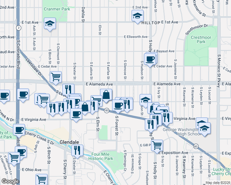 map of restaurants, bars, coffee shops, grocery stores, and more near 345 South Forest Street in Denver