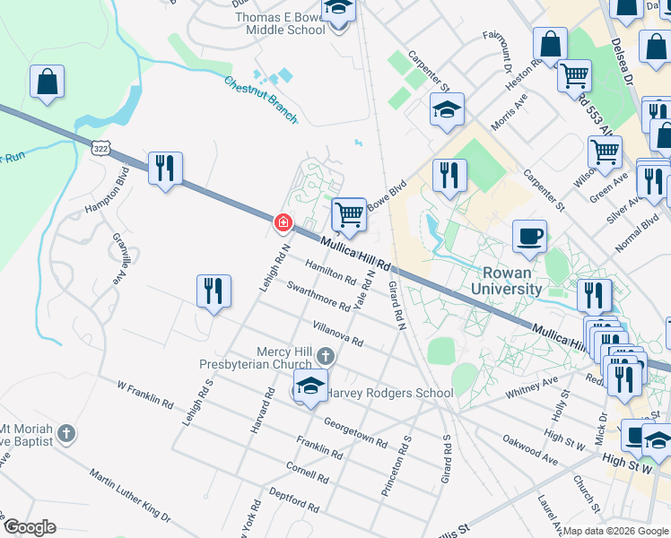 map of restaurants, bars, coffee shops, grocery stores, and more near 402 Harvard Road North in Glassboro