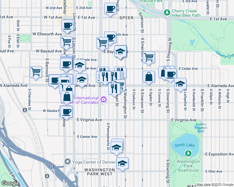 map of restaurants, bars, coffee shops, grocery stores, and more near 303 South Pearl Street in Denver