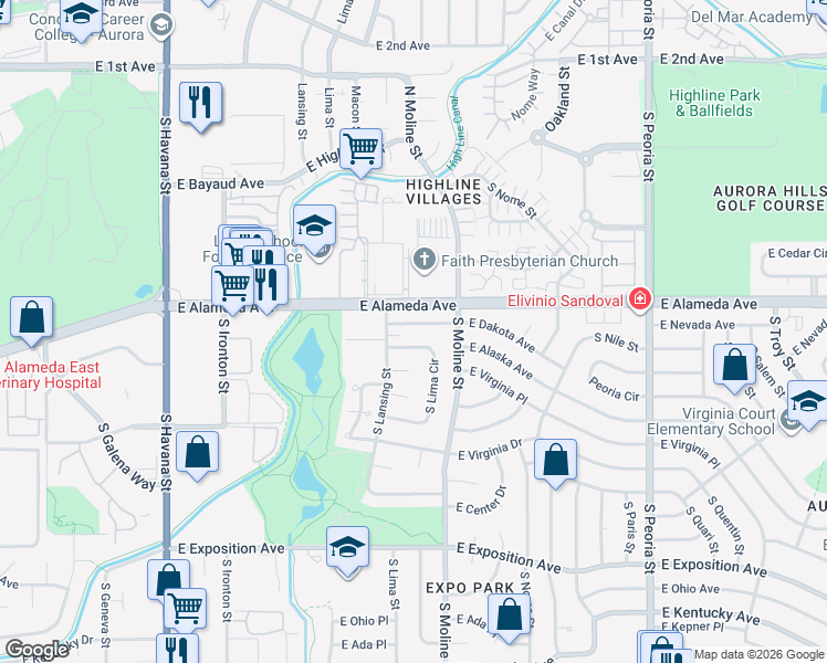 map of restaurants, bars, coffee shops, grocery stores, and more near 11357 East Dakota Avenue in Aurora