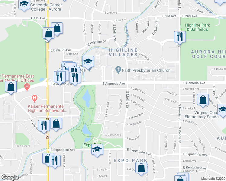 map of restaurants, bars, coffee shops, grocery stores, and more near 11357 East Dakota Avenue in Aurora