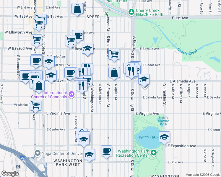 map of restaurants, bars, coffee shops, grocery stores, and more near 301 South Ogden Street in Denver