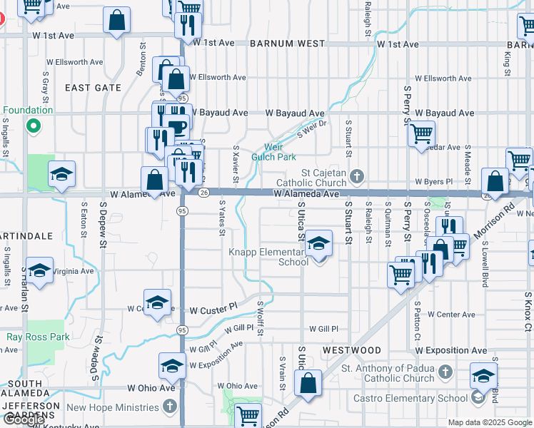 map of restaurants, bars, coffee shops, grocery stores, and more near 4688 West Alameda Avenue in Denver