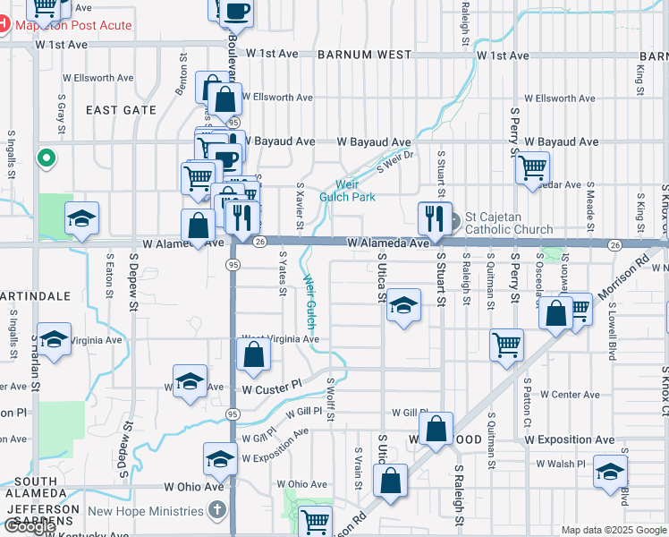map of restaurants, bars, coffee shops, grocery stores, and more near 4688 West Alameda Avenue in Denver
