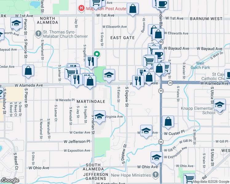map of restaurants, bars, coffee shops, grocery stores, and more near 5770 West Alameda Avenue in Lakewood