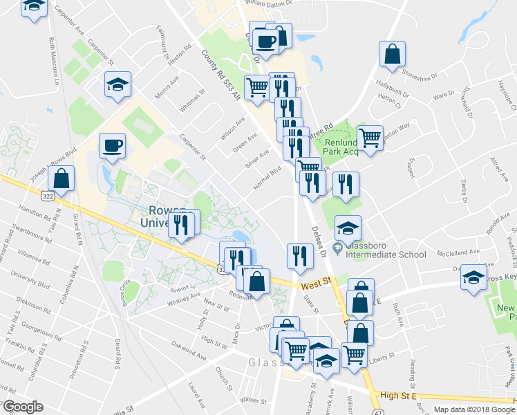 map of restaurants, bars, coffee shops, grocery stores, and more near 21 Normal Boulevard in Glassboro