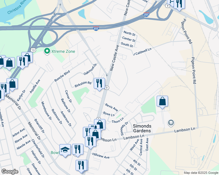 map of restaurants, bars, coffee shops, grocery stores, and more near 3142 New Castle Avenue in New Castle