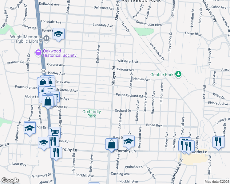 map of restaurants, bars, coffee shops, grocery stores, and more near 2201 Shroyer Road in Dayton