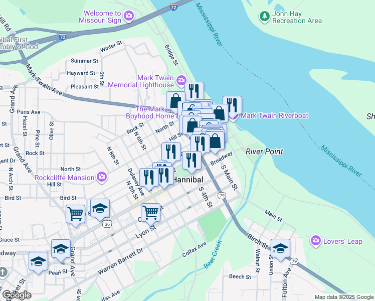 map of restaurants, bars, coffee shops, grocery stores, and more near 313 Hill Street in Hannibal