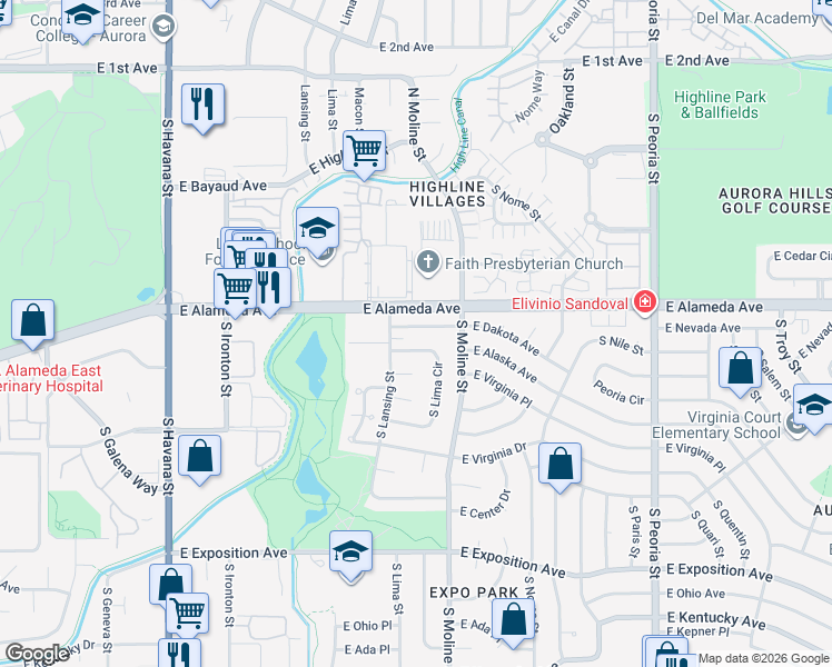 map of restaurants, bars, coffee shops, grocery stores, and more near 11357 East Dakota Avenue in Aurora
