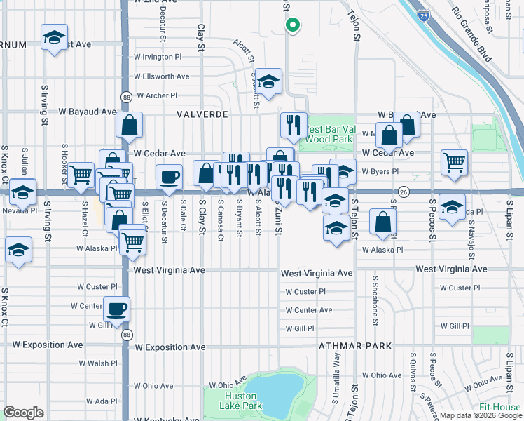 map of restaurants, bars, coffee shops, grocery stores, and more near in Denver