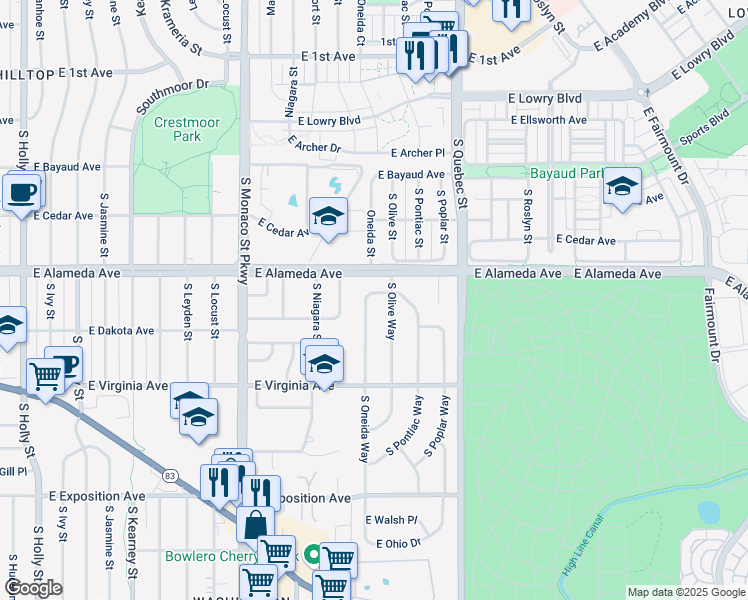 map of restaurants, bars, coffee shops, grocery stores, and more near 313 South Oneida Way in Denver