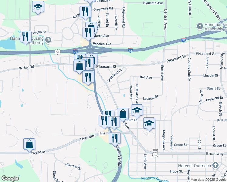 map of restaurants, bars, coffee shops, grocery stores, and more near 3340 Saint Marys Avenue in Hannibal