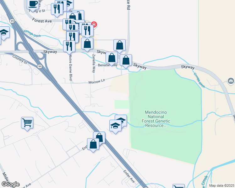 map of restaurants, bars, coffee shops, grocery stores, and more near 2654 Cramer Lane in Chico