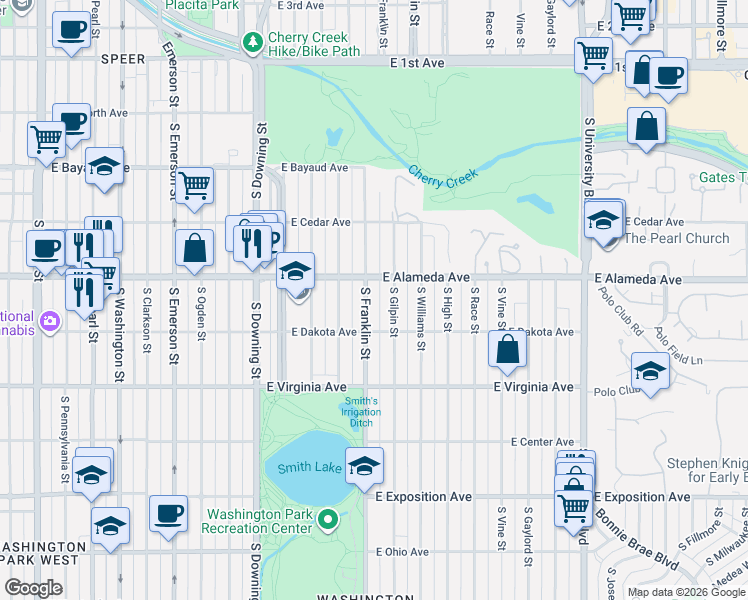 map of restaurants, bars, coffee shops, grocery stores, and more near 300 South Franklin Street in Denver