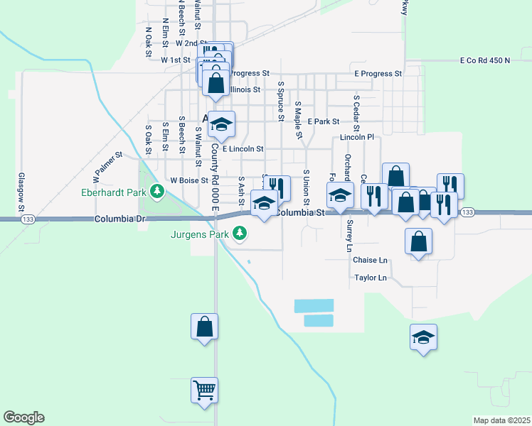 map of restaurants, bars, coffee shops, grocery stores, and more near 301 East Columbia Street in Arthur