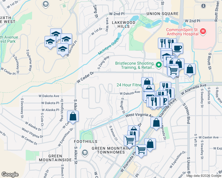 map of restaurants, bars, coffee shops, grocery stores, and more near 12587 West Dakota Avenue in Lakewood