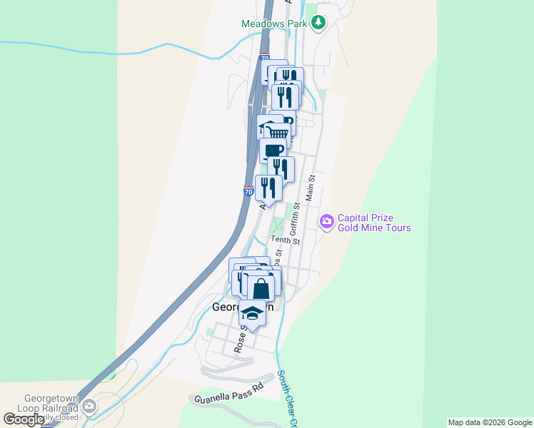 map of restaurants, bars, coffee shops, grocery stores, and more near 1200 Argentine Street in Georgetown