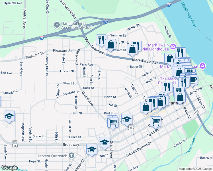 map of restaurants, bars, coffee shops, grocery stores, and more near 625 North Section Street in Hannibal