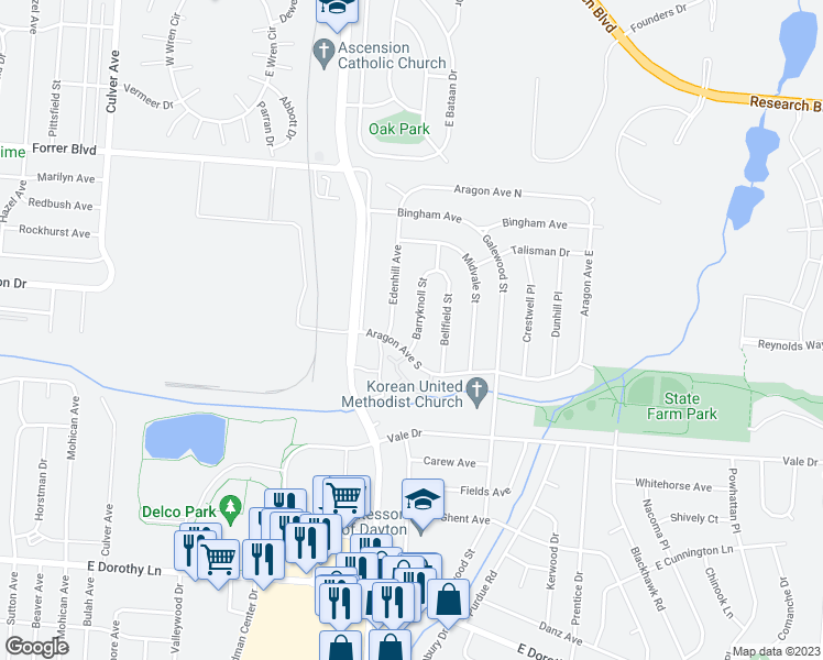 map of restaurants, bars, coffee shops, grocery stores, and more near 2601 Barryknoll Street in Dayton