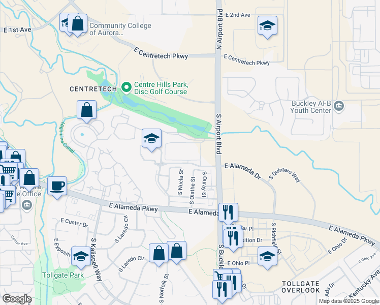 map of restaurants, bars, coffee shops, grocery stores, and more near 16760-16814 East Alameda Place in Aurora