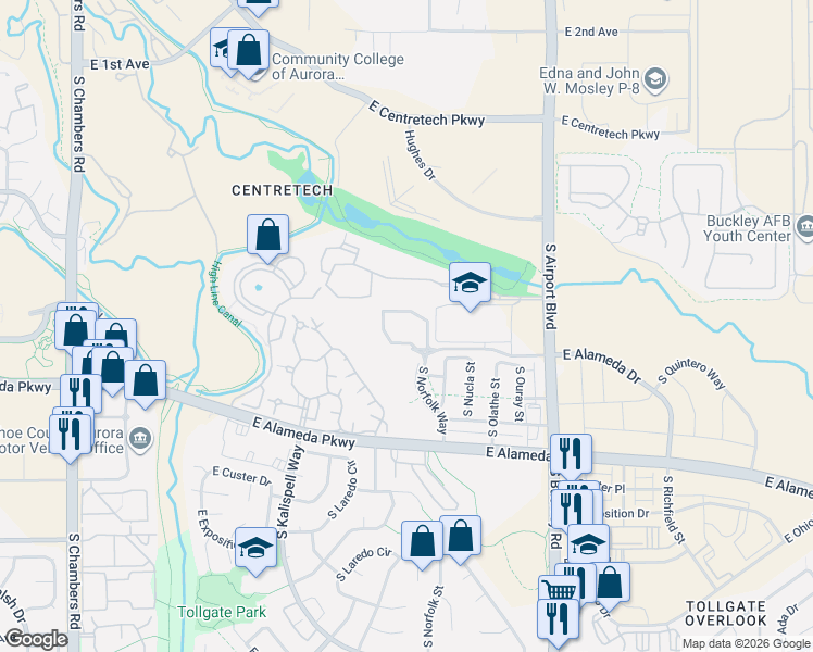 map of restaurants, bars, coffee shops, grocery stores, and more near 16396 East Alameda Place in Aurora