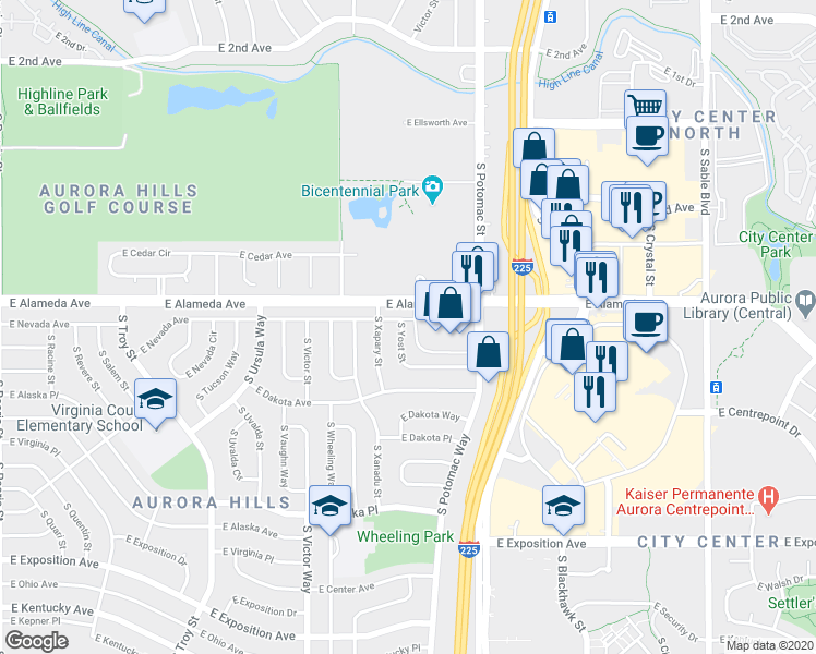 map of restaurants, bars, coffee shops, grocery stores, and more near 13668 East Alameda Avenue in Aurora