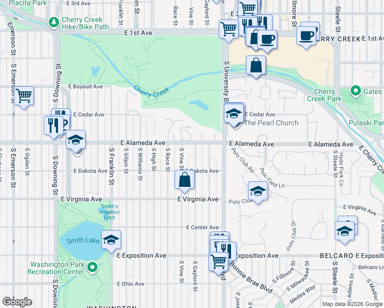 map of restaurants, bars, coffee shops, grocery stores, and more near 302 South Vine Street in Denver