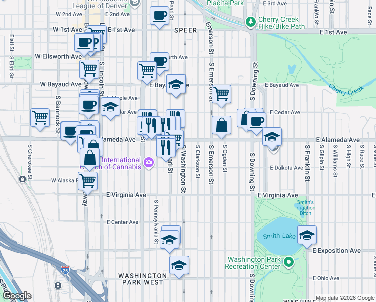 map of restaurants, bars, coffee shops, grocery stores, and more near 302 South Washington Street in Denver