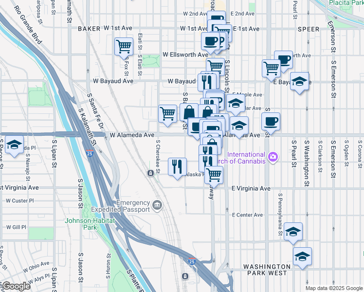 map of restaurants, bars, coffee shops, grocery stores, and more near 190 West Alameda Avenue in Denver