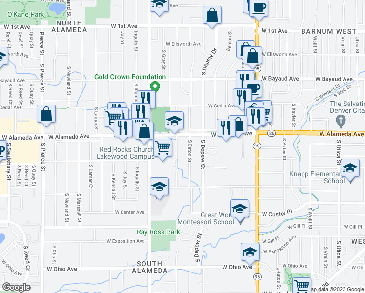 map of restaurants, bars, coffee shops, grocery stores, and more near 5770 West Alameda Avenue in Lakewood