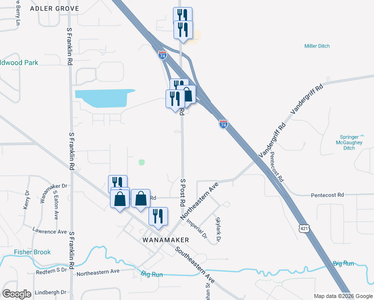 map of restaurants, bars, coffee shops, grocery stores, and more near 3940 South Post Road in Indianapolis