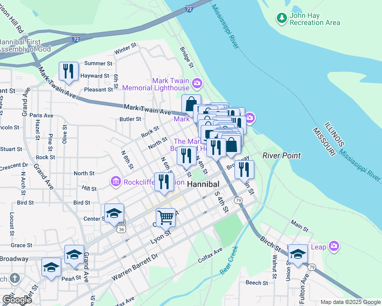 map of restaurants, bars, coffee shops, grocery stores, and more near 313 Hill Street in Hannibal