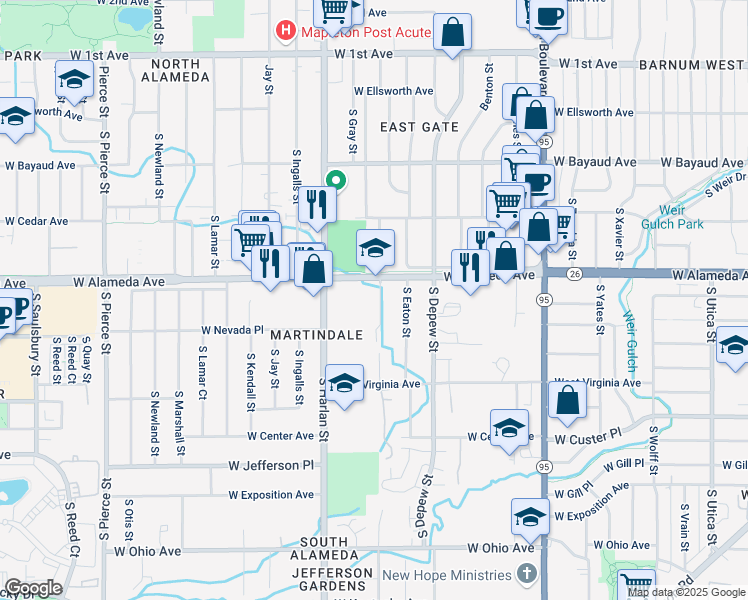 map of restaurants, bars, coffee shops, grocery stores, and more near 5800 West Alameda Avenue in Lakewood