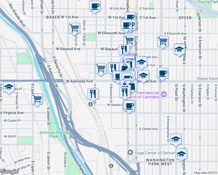 map of restaurants, bars, coffee shops, grocery stores, and more near 357 South Bannock Street in Denver