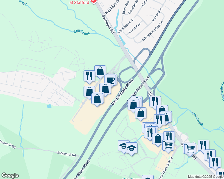 map of restaurants, bars, coffee shops, grocery stores, and more near 209 Stafford Park Boulevard in Stafford Township