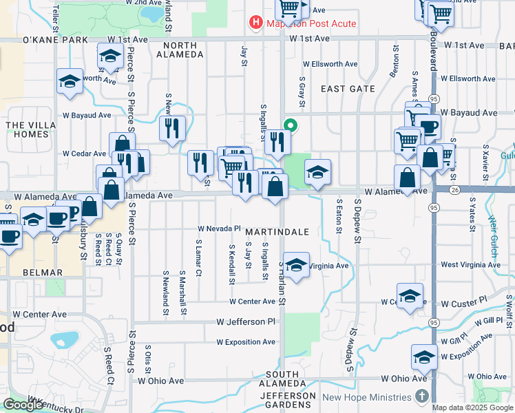 map of restaurants, bars, coffee shops, grocery stores, and more near 6166 West Alameda Avenue in Lakewood