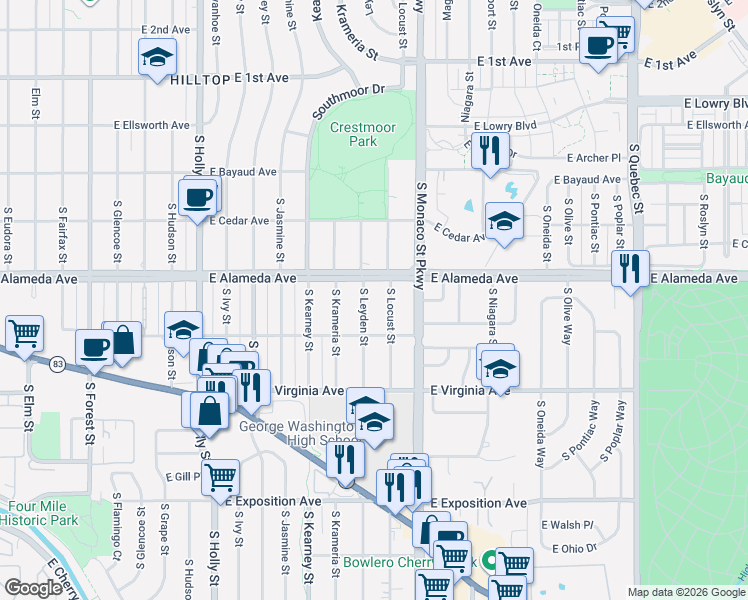 map of restaurants, bars, coffee shops, grocery stores, and more near 301 South Locust Street in Denver