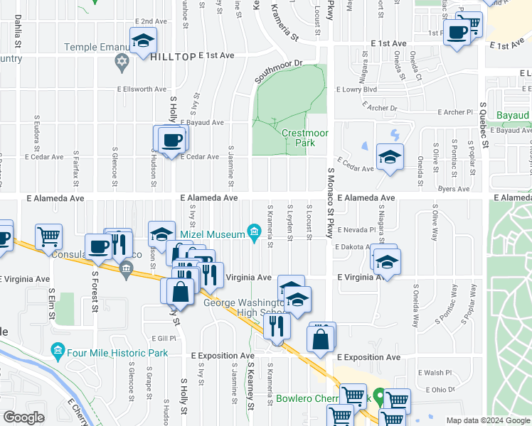 map of restaurants, bars, coffee shops, grocery stores, and more near in Denver