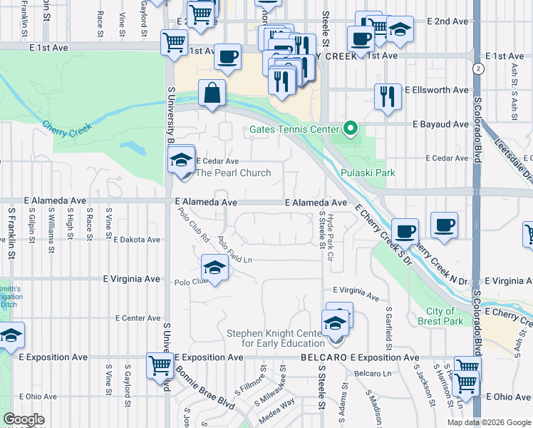 map of restaurants, bars, coffee shops, grocery stores, and more near 2899 East Alameda Avenue in Denver
