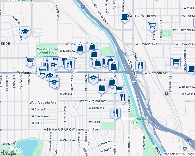 map of restaurants, bars, coffee shops, grocery stores, and more near 1300 West Alameda Avenue in Denver