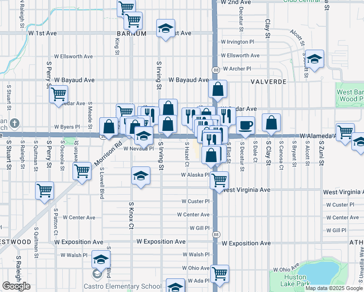 map of restaurants, bars, coffee shops, grocery stores, and more near 3188 West Alameda Avenue in Denver