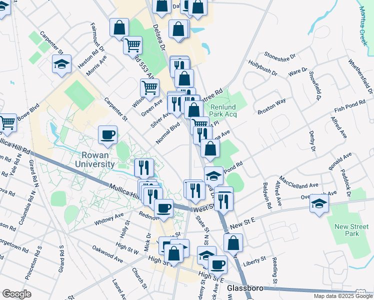 map of restaurants, bars, coffee shops, grocery stores, and more near 40 Campus Terrace in Glassboro