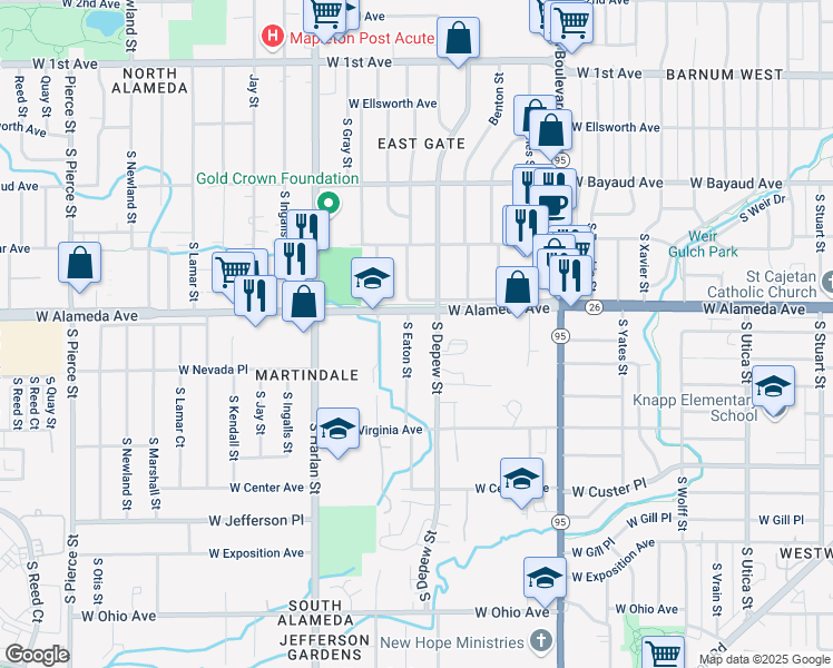 map of restaurants, bars, coffee shops, grocery stores, and more near 5640 West Alameda Avenue in Lakewood